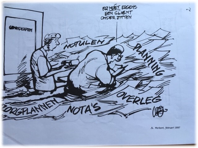 Mens ondergesneeuwd door de organisatie. Bureaucratie. Cartoon.